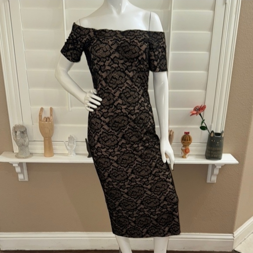 Dress the Population Jemma Off Shoulder Midi Dress Black Nude